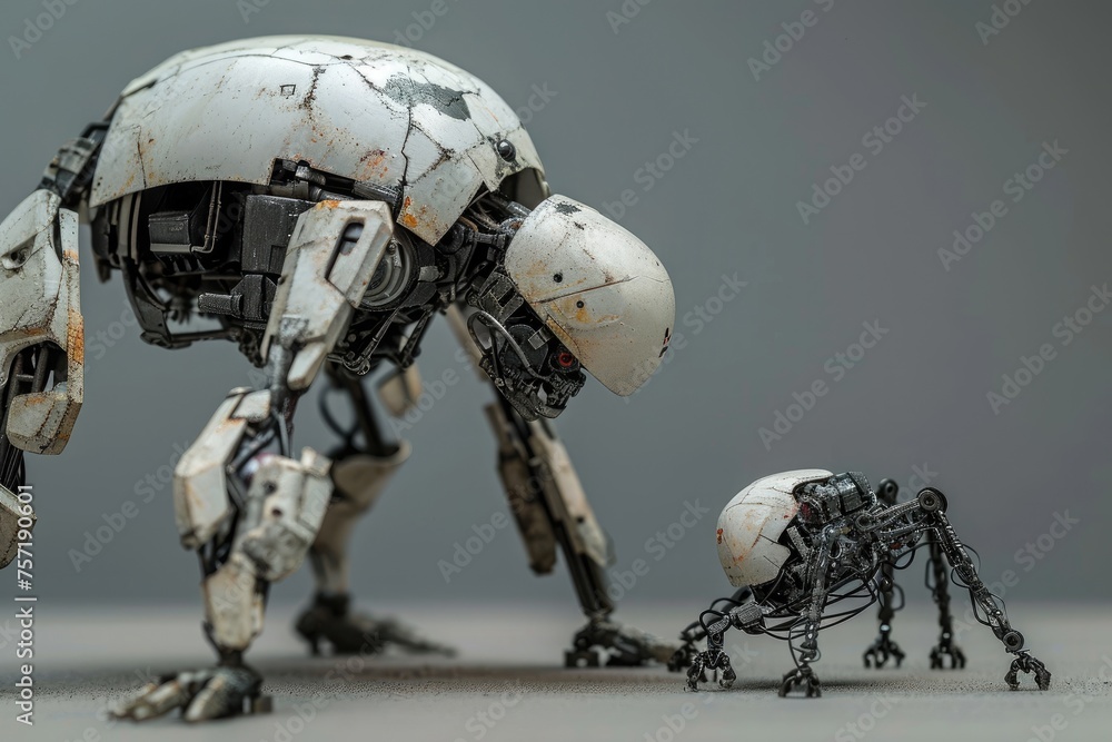 Poster in this photo, two robots are seen standing side by side in a factory setting, showcasing advanced t