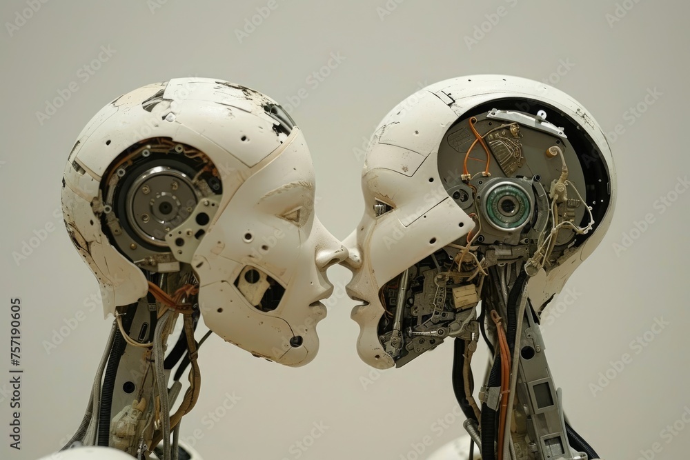 Poster a photo featuring two human-like robots standing in a field, facing each other, a robot designing an