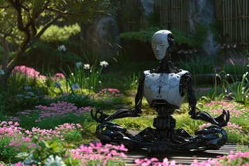 A robot sits amidst a colorful array of flowers in a garden, A robot doing yoga in a peaceful garden, AI Generated