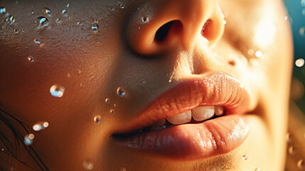 Close up of a wet perfect skin of beautiful girl. Light colour palette. Natural beauty concept. Generative AI
