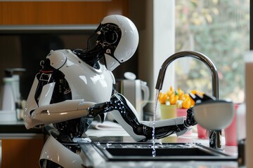 A high-tech robot is seen washing dishes in a kitchen sink, demonstrating its advanced cleaning capabilities, A robot engaging in household chores, AI Generated