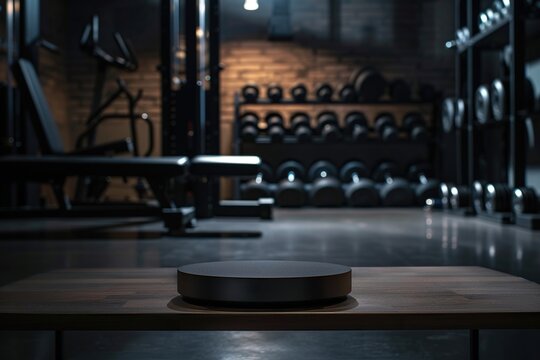 Black matte and round-shaped product podium with gym equipments