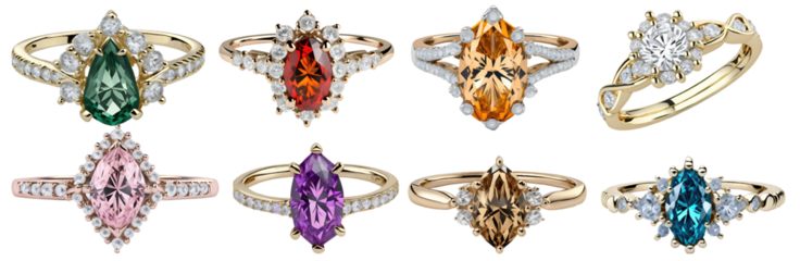 Set of expensive diamond plated gemstone engagement rings for women's isolated on transparent background. Generative AI
