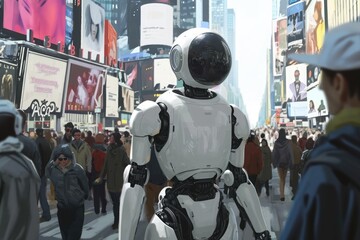 A robot stands in the middle of a busy street surrounded by people and cars, A robot in the middle of a bustling city crowd, AI Generated