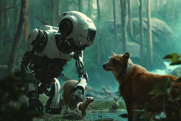 A dog and a robot standing together amidst the trees in the forest, A robot interacting with wild...