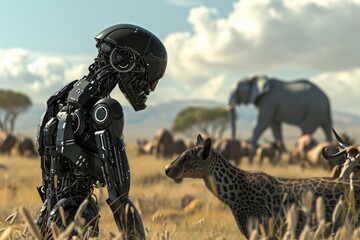 A robot is seen walking through a field next to a baby giraffe, A robot interacting with wild...