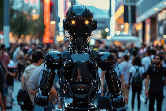 A robot stands motionless amidst a crowd of people and vehicles on a bustling city street, A robot in the middle of a bustling city crowd, AI Generated