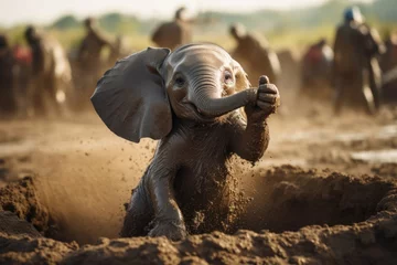 Foto op Aluminium A baby elephant playing in the mud, its trunk reaching up to the sky in joy © Michael Böhm