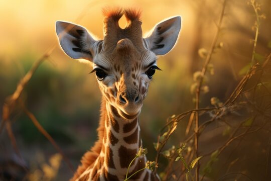 A baby giraffe sticking its neck out of the brush, its eyes wide with curiosity
