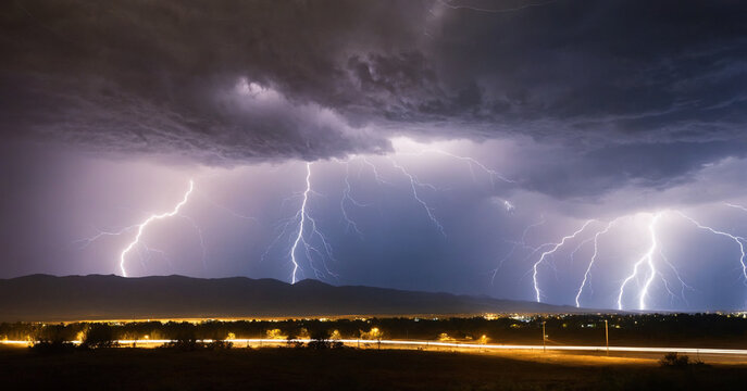 Striking image of lightning bolt against blue black sky.