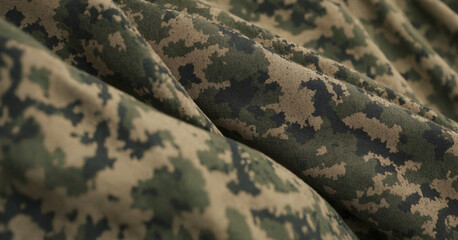 Digital camouflage pattern background reminiscent of military uniforms, blending with desert and woodland environments.