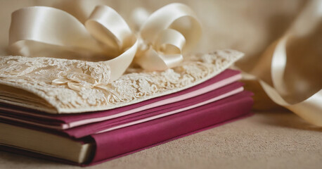 Handmade wedding invitation card adorned with lace, ribbons, and elegant pink and gold decorations.