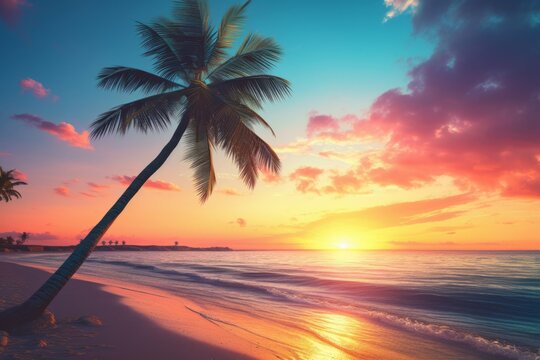A desktop wallpaper of a vibrant and surreal sunset over a beach with a lone palm tree in the foreground