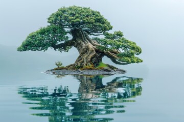 Fototapeta premium Serene bonsai tree on a small island reflected in the tranquil waters below