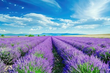 Fototapeta premium A vibrant field of lavender flowers stretching beneath a clear blue sky, Lavender fields blooming under a clear summer sky, AI Generated