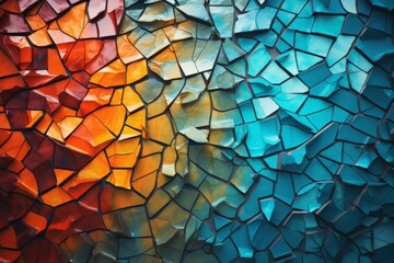 A close-up of a colorful, abstract mosaic wall