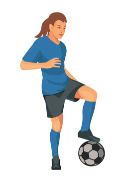 Figure of a young girl in blue sports uniform standing in a half-turn placing her foot on the ball on junior women's football training or female championship