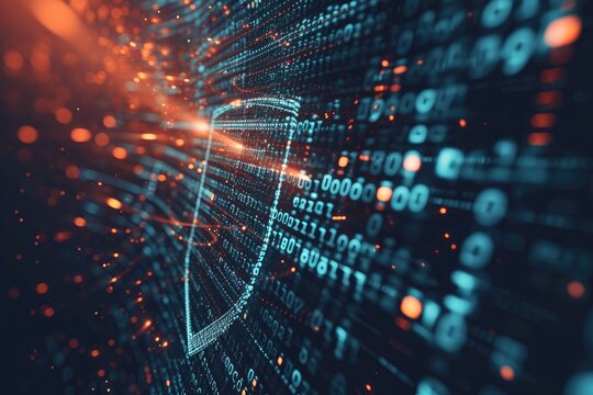 A computer screen displaying a series of numbers and digits in a digital format, Lines of code forming into a shield, AI Generated