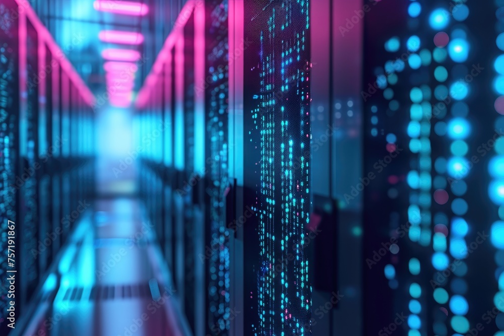 Poster a photo showcasing rows of servers illuminated by blue and pink lights in a data center, mainframe s
