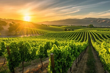 The sun sets in a dramatic and colorful display over the lush vineyard, casting a warm glow on the...