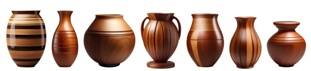 Set of various beautiful wooden vases isolated on transparent background. Generative AI