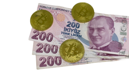 Stack of Turkish Lira banknotes with golden Bitcoin coins on top, blend of traditional and digital forms of money, for topics on finance, currency, and  impact of cryptocurrency on traditional banking