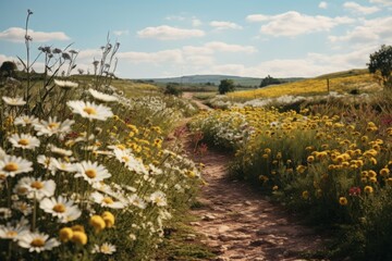 A field of wildflowers in bloom, with a path leading off into the distance