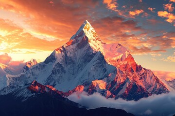 A majestic mountain peaks through a layer of thick clouds as the sun sets, Majestic snow-capped mountain peaks against a sunrise backdrop, AI Generated