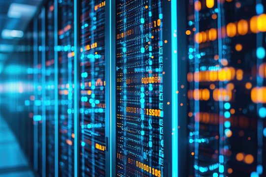 A row of high-performance servers lined up in a secure and organized data center facility, Mainframe servers with binary code matrix in the backdrop, AI Generated