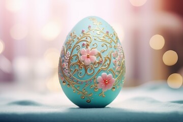 A close-up of a decorated Easter egg with a beautiful pattern of pastel colors and glittery accents