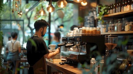 Baristas crafting artisanal coffee as customers chat and enjoy their drinks in a bustling café, blurry background