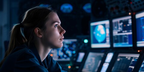 Diligent caucasian female aerospace engineer monitoring computer systems, development of aircraft and spacecraft