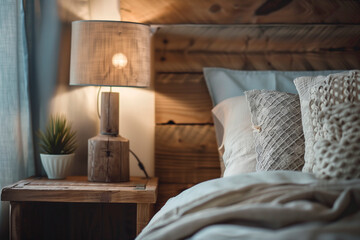 Close up of rustic bedside table lamp near bed with wood headboard. French country, farmhouse, provence interior design of modern bedroom
