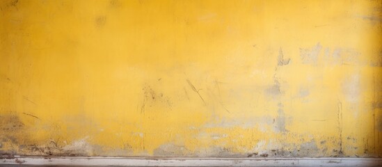 A closeup shot of a rectangular yellow wall with a white border made of wood. The vibrant amber hue creates a striking visual arts pattern against the soft peach tint