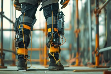 A Man in Safety Gear Standing on a Construction Site, Mechanical exoskeletons used in heavy lifting at construction sites, AI Generated - obrazy, fototapety, plakaty