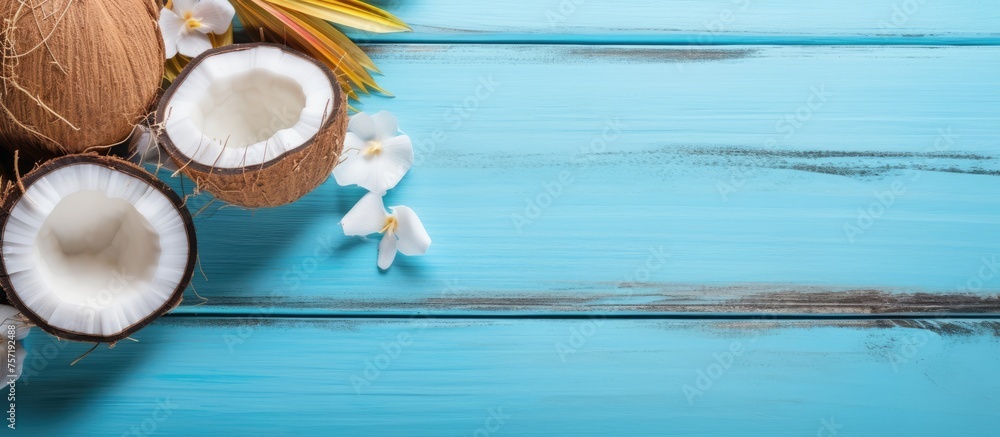 Poster coconuts and flowers sit on a vibrant blue wooden table next to a window overlooking a swimming pool