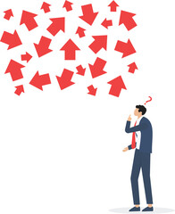 businessman looks at many arrows and selects the path, left, right or move forward, choose the right way to success concept

