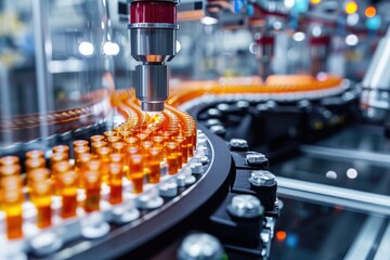 A detailed view of a machine used for bottling with various bottles placed on it, Medicines and drugs being produced by automated machines, AI Generated - obrazy, fototapety, plakaty