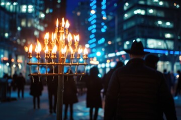 A diverse group of individuals walking together on a city street during nighttime, Menorah lighting...
