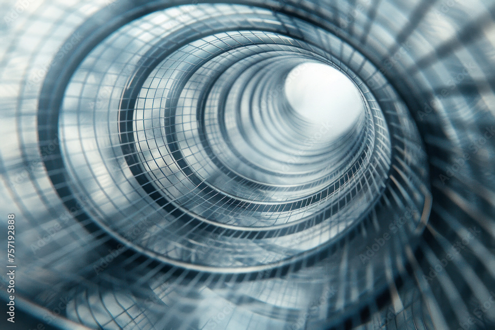 Poster radial digital composition with sliced transparent rings and wire mesh fading away from the core to 