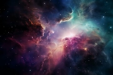 A closeup shot of a mysterious, glowing and colourful nebula in space - obrazy, fototapety, plakaty