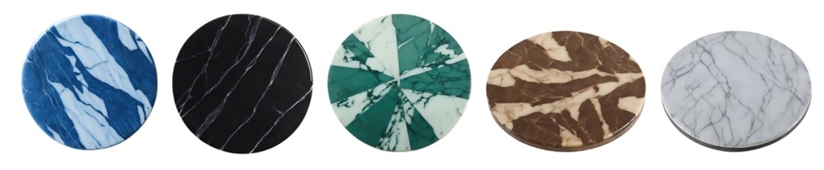 Fototapeta premium Set of various modern round marble trivets isolated on transparent background. Generative AI