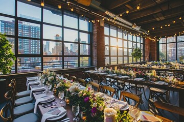 A spacious dining room with floor-to-ceiling windows offering a panoramic view of the cityscape, Modern urban loft with panoramic windows for a chic city wedding, AI Generated