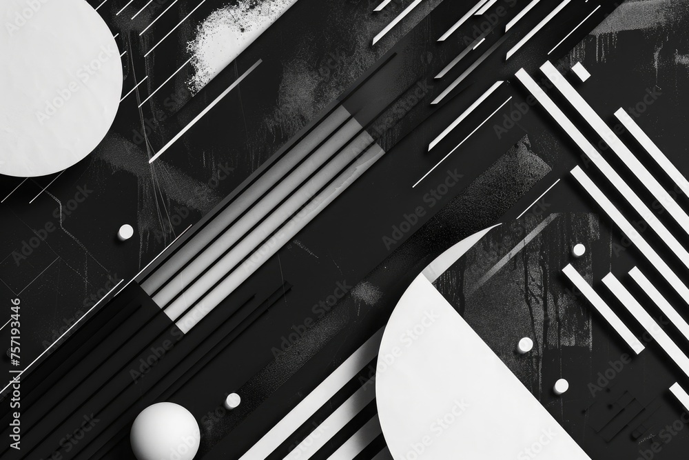 Poster a black and white abstract background featuring intersecting lines and circular shapes creating a vi
