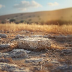 Fototapeta premium A single stone podium surrounded by an expanse of grass in the middle of a dry field