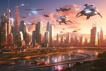 A futuristic scene of a city skyline illuminated by a colorful sunset, with flying cars, robots and other advanced technology
