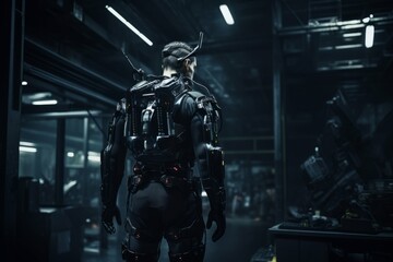 Fototapeta na wymiar A person wearing a futuristic, robotic exoskeleton, standing in a dark, industrial environment