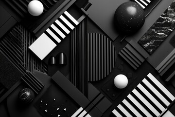 This black and white photograph showcases a diverse range of objects, captured in a monochrome color scheme, Monochrome abstract background with geometric elements, AI Generated