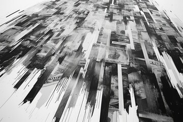 This photograph showcases a tall building with a striking black and white composition, Monochrome painting showing increasing number of zeros on banknotes, AI Generated - Powered by Adobe