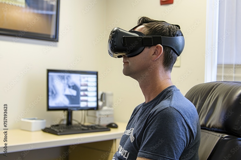 Poster a man wearing a virtual headset engages with a computer while sitting in a focused posture, multi-se